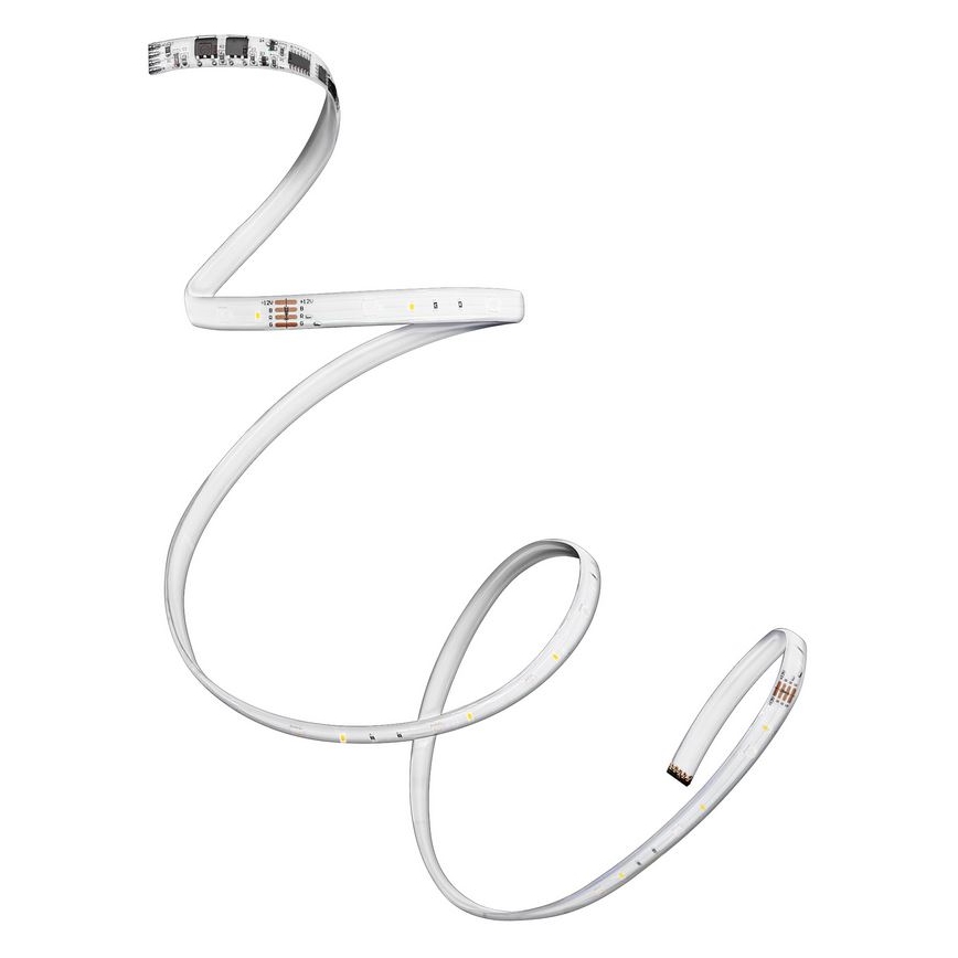 LED pásik sa vinie do špirály na bielom pozadí. Na pásiku sú viditeľné malé LED diódy.