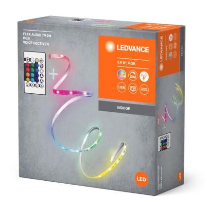 LED pásik s diaľkovým ovládaním je zobrazený na obale. Pásik vyžaruje rôznofarebné svetlo. Balenie označuje parametre: FLEX AUDIO TV 2M, RGB, VOICE RECEIVER, 3.6 W, RGB, INDOOR.