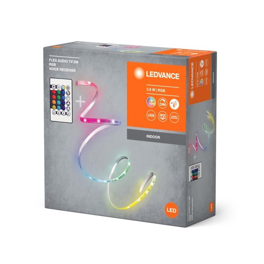 LED pásik s diaľkovým ovládaním je zobrazený na obale. Pásik vyžaruje rôznofarebné svetlo. Balenie označuje parametre: FLEX AUDIO TV 2M, RGB, VOICE RECEIVER, 3.6 W, RGB, INDOOR.