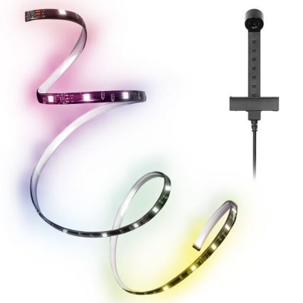 LED pásik svieti rôznymi farbami, je stočený do špirály. K nemu patrí malý čierny regulátor s káblom. Oba sú na bielom pozadí.