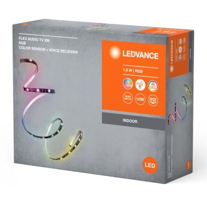Balenie LED pásika Ledvance Flex Audio TV 2m RGB. Pásik je zobrazený stočený, svieti viacerými farbami. Balenie uvádza technické parametre: 1.8W, RGB, farebný senzor a hlasové ovládanie.