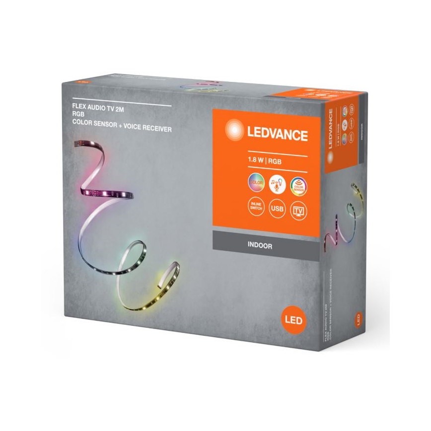 Balenie LED pásika Ledvance Flex Audio TV 2m RGB. Pásik je zobrazený stočený, svieti viacerými farbami. Balenie uvádza technické parametre: 1.8W, RGB, farebný senzor a hlasové ovládanie.