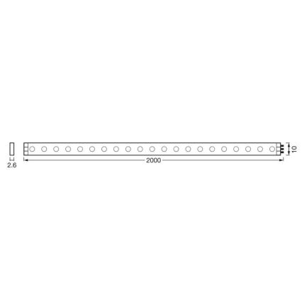 LED pásik s dĺžkou 2000 mm a šírkou 2.6 mm je zobrazený s 20 LED diódami. Na konci sú znázornené rozmery 10 mm.