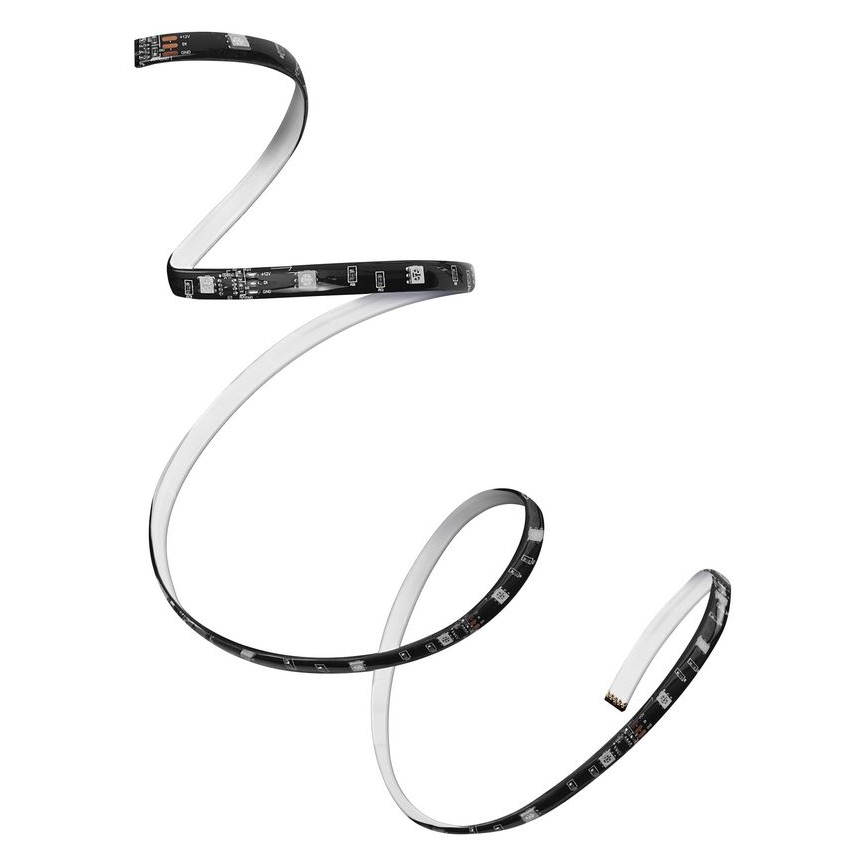LED pásik sa vinie do špirály na bielom pozadí. Pásik je čierny s viditeľnými LED diódami.