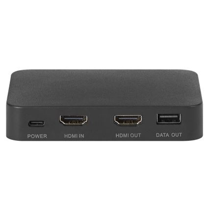 Malá obdĺžniková čierna krabička s konektormi: HDMI IN, HDMI OUT, DATA OUT a POWER.