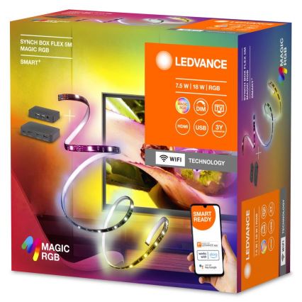 LEDvance balenie s LED pásikmi Magic RGB, 5 metrov dlhými, na ovládanie cez mobilnú aplikáciu, vrátane riadiacej jednotky; balenie zobrazuje pásiky osvetľujúce televízor.
