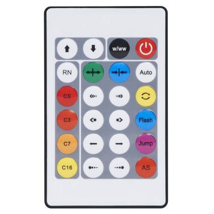 Diaľkový ovládač zobrazuje farebné tlačidlá s označením: RN, CS, C3, C7, C16, w/ww, Auto, Flash, Jump, AS a šípky pre navigáciu. Tlačidlá ovládajú funkcie, ako je zapínanie/vypínanie a ďalšie špecifické nastavenia. Ovládač je obdĺžnikového tvaru s bielym povrchom a čiernym rámom.