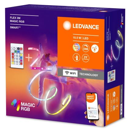LED pásik s diaľkovým ovládaním a WiFi ovládaním. Pásik mení farby, je súčasťou balenia s diaľkovým ovládaním a mobilnou aplikáciou. Balenie obsahuje aj informácie o parametroch, ako 15.5 W, LED, 3-ročnú záruku a kompatibilitu s Alexou a Google Assistant.