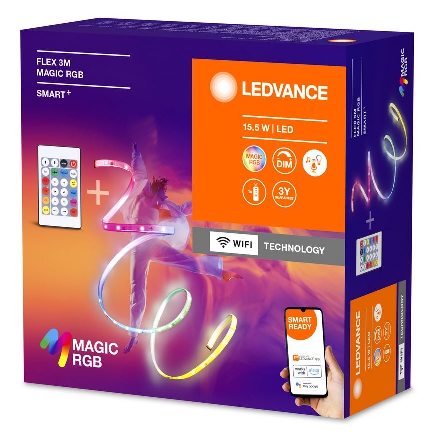 LED pásik s diaľkovým ovládaním a WiFi ovládaním. Pásik mení farby, je súčasťou balenia s diaľkovým ovládaním a mobilnou aplikáciou. Balenie obsahuje aj informácie o parametroch, ako 15.5 W, LED, 3-ročnú záruku a kompatibilitu s Alexou a Google Assistant.