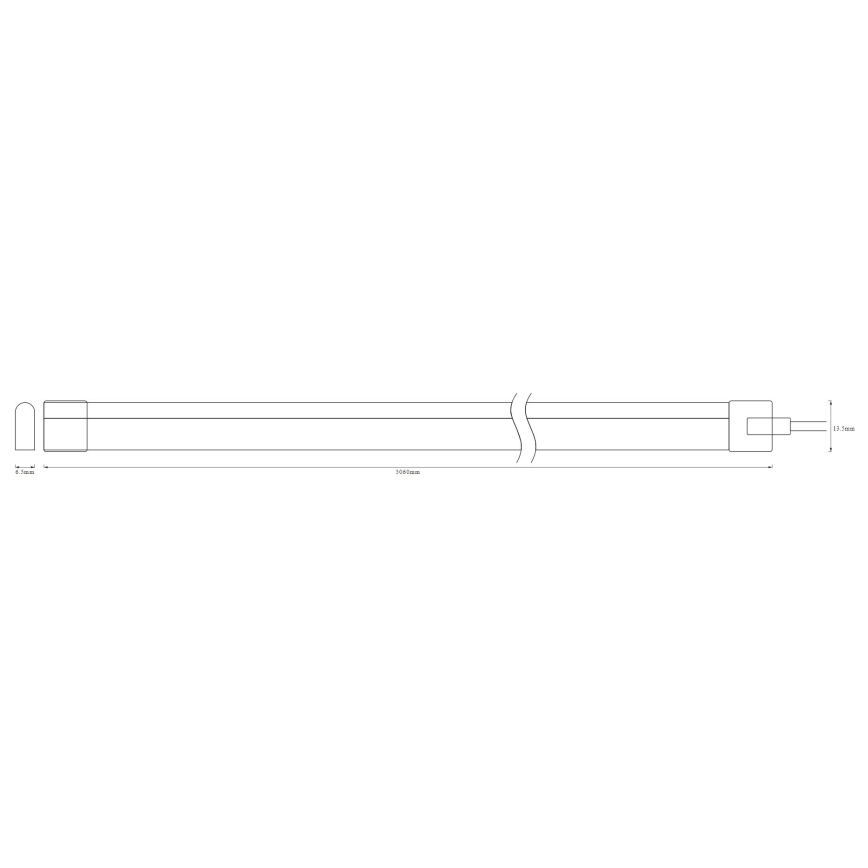 Dlhá úzka LED trubica s koncovými krytmi, rozmery 598mm x 22mm. Schematický technický nákres.