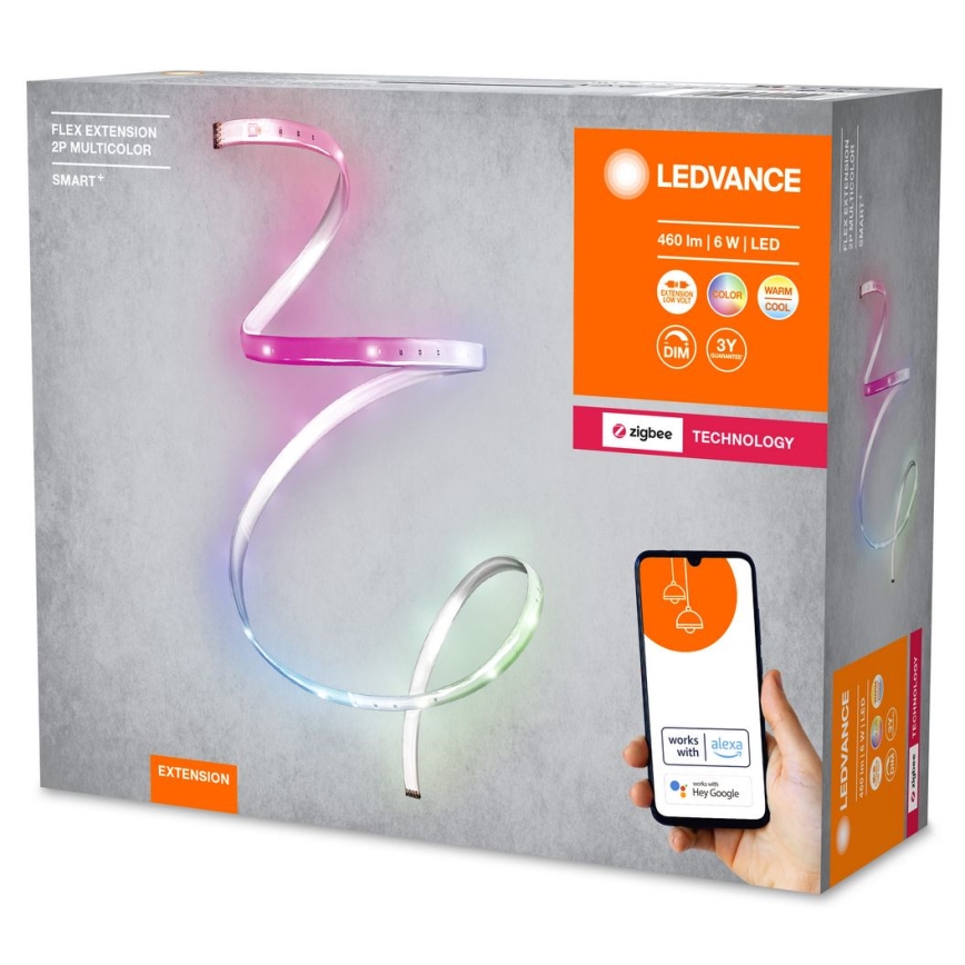 LED pásik s viacerými farbami je zobrazený na obale. Pásik je ohybný a zobrazuje rôzne farebné svetelné efekty. Obal tiež ukazuje ovládanie cez mobilnú aplikáciu kompatibilnú s Alexa a Hey Google. FLEX EXTENSION 2P MULTICOLOR SMART+, 460 lm | 6 W | LED.