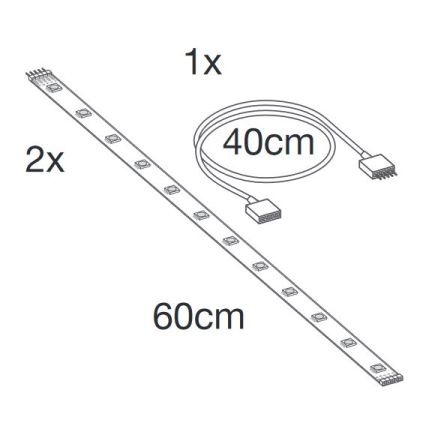 LED pásik s dĺžkou 60 cm, dva kusy; jeden 40 cm pripojovací kábel. Na obrázku sú uvedené rozmery: 2x 60cm a 1x 40cm.
