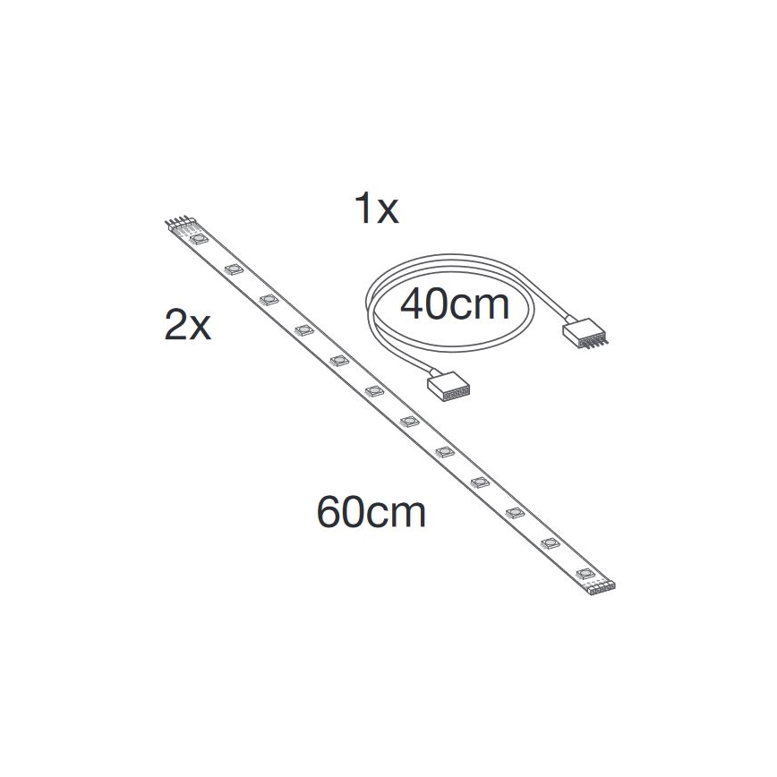 LED pásik s dĺžkou 60 cm, dva kusy; jeden 40 cm pripojovací kábel. Na obrázku sú uvedené rozmery: 2x 60cm a 1x 40cm.