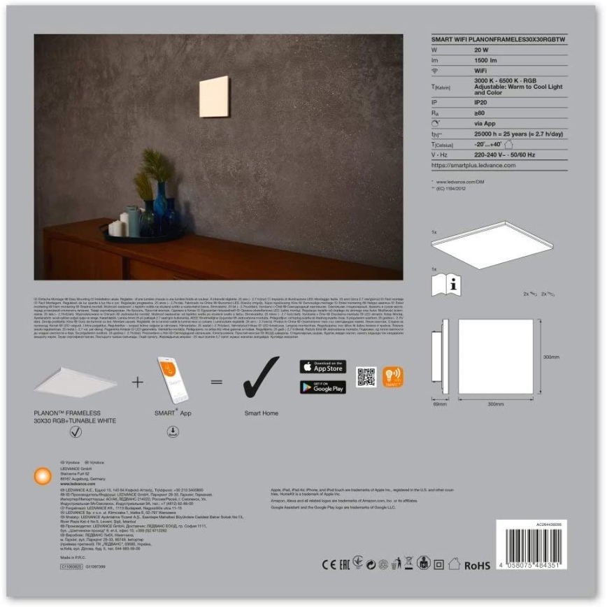 Ledvance - LED RGB+TW Stmievateľné stropné svietidlo SMART+ FRAMELESS LED/20W/230V 3000K-6500K Wi-Fi