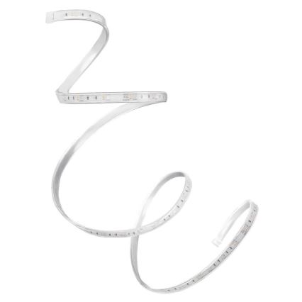 LED pásik je stočený do špirály na bielom pozadí. Pásik je plochý a obsahuje rad LED diód.