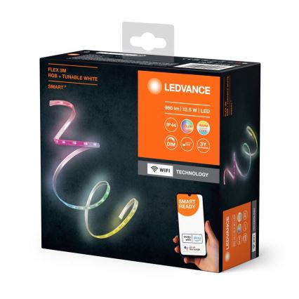 LED pásik svieti rôznymi farbami na obale. Balenie ukazuje možnosti ovládania cez mobilnú aplikáciu. Obsahuje technické parametre: FLEX 3M, RGB + TUNABLE WHITE, SMART+, 960 lm, 12,5 W, IP44, WiFi technológia.