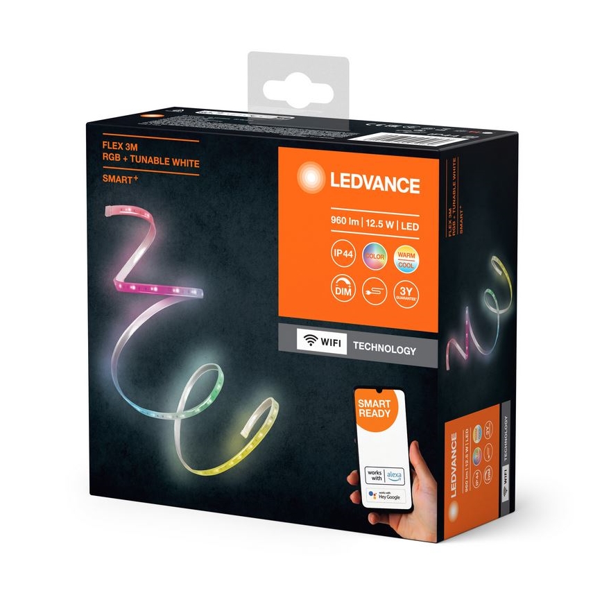 LED pásik svieti rôznymi farbami na obale. Balenie ukazuje možnosti ovládania cez mobilnú aplikáciu. Obsahuje technické parametre: FLEX 3M, RGB + TUNABLE WHITE, SMART+, 960 lm, 12,5 W, IP44, WiFi technológia.