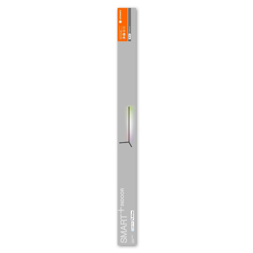 Stojacia lampa s LED osvetlením v tvare písmena „T“ je zobrazená na obale. Obal je vysoký a úzky, na ňom je uvedený nápis „SMART+ INDOOR“.