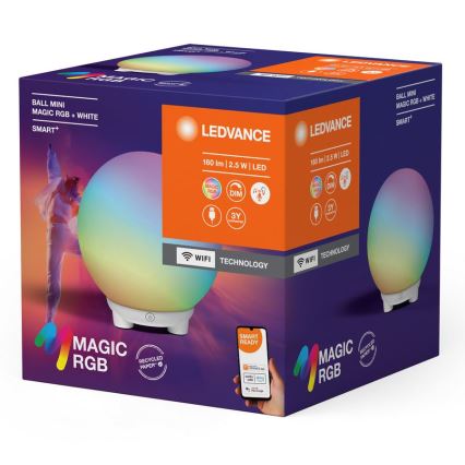 Balónová LED lampa LEDVANCE s menom Magic RGB + White Smart+ svieti farebne. Balenie ukazuje jej WiFi ovládanie a 3-ročnú záruku. Lampa má 160 lm a 2,5 W.