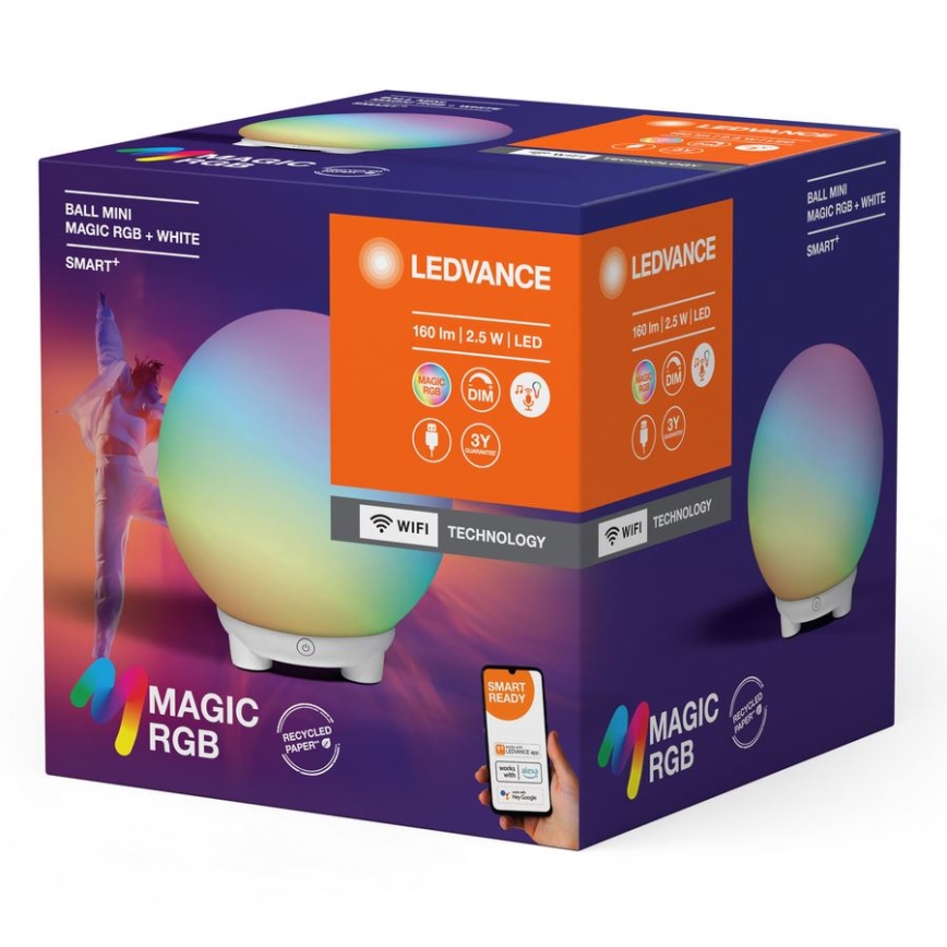 Balónová LED lampa LEDVANCE s menom Magic RGB + White Smart+ svieti farebne. Balenie ukazuje jej WiFi ovládanie a 3-ročnú záruku. Lampa má 160 lm a 2,5 W.