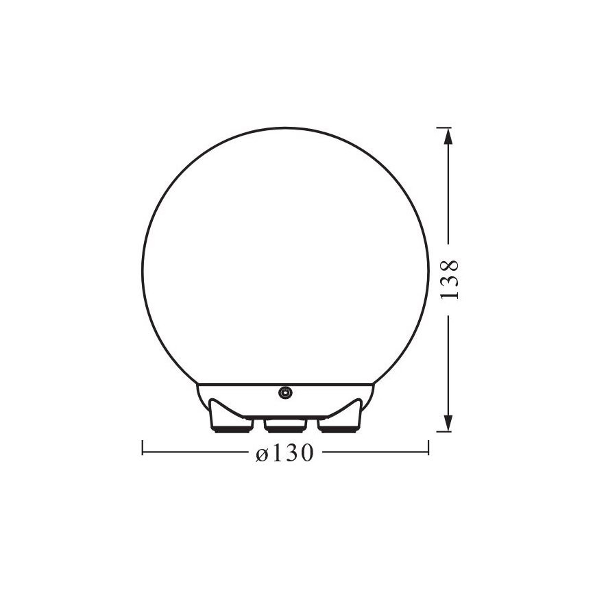 Guľová lampa stojí na troch nožičkách. Má priemer 130 mm a výšku 138 mm.