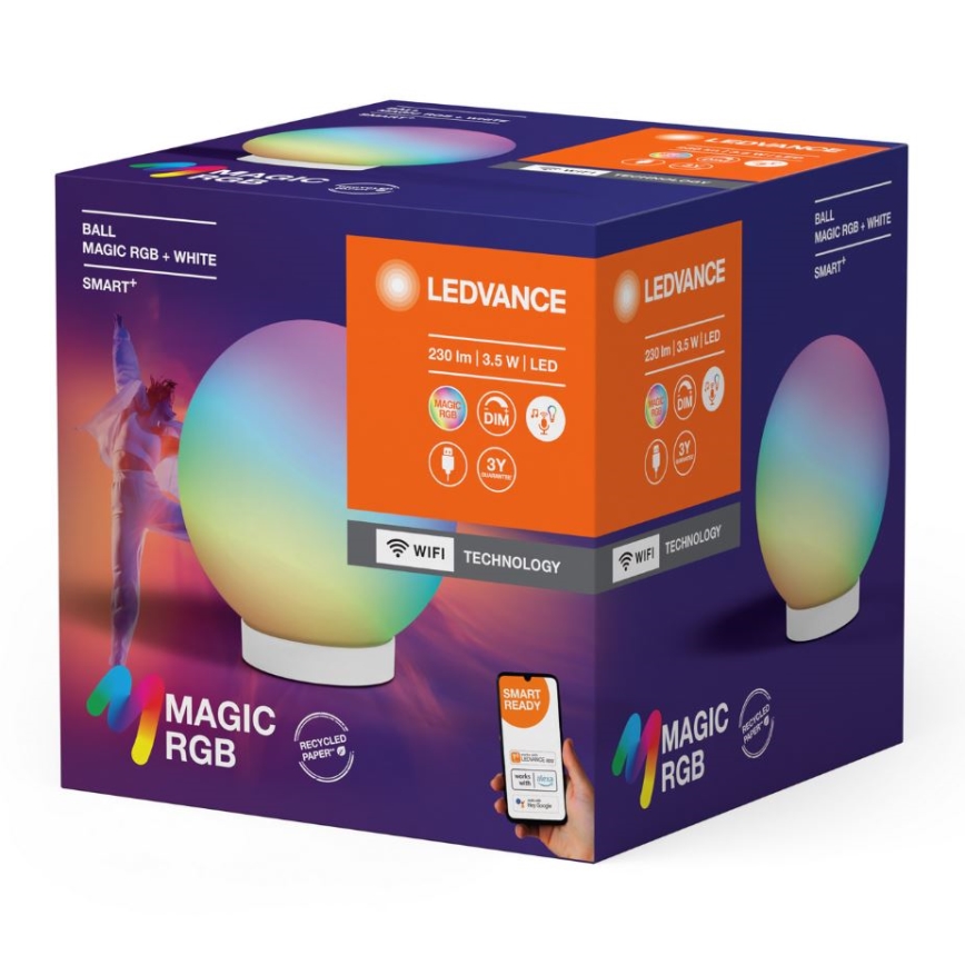 Balenie LED žiarovky Ledvance, tvar gule, s farebnou RGB LED technológiou, obsahuje informácie o príkone (230 lm | 3,5 W LED), Wi-Fi ovládaní a 3-ročnej záruke.