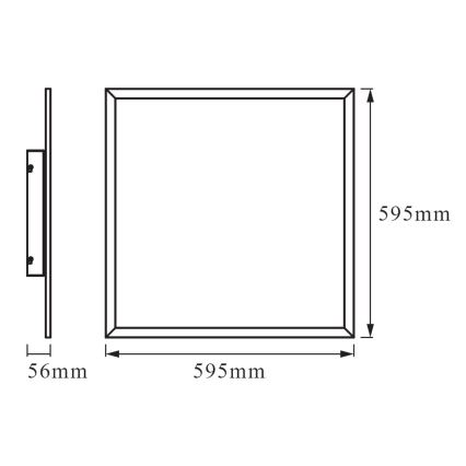 Štvorcový rám s rozmermi 595 mm x 595 mm a hrúbkou 56 mm je zobrazený s upevňovacím mechanizmom. Rám je znázornený v čelnom a bočnom pohľade s rozmerovými údajmi.
