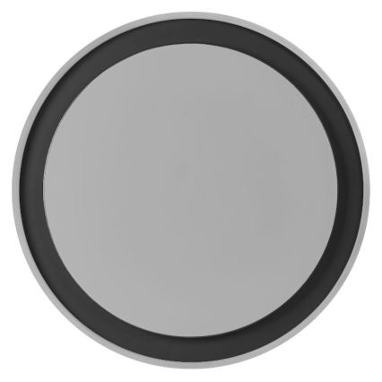 Okrúhle zrkadlo s šedým sklom je orámované širokým čiernym rámom. Zrkadlo je zobrazené na bielom pozadí.