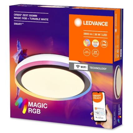 Balenie LED stropného svetla Ledvance Orbis Zest 500mm s funkciou Magic RGB a nastaviteľnou bielou farbou, inteligentné ovládanie cez WiFi. Svetlo má tri farebné kruhy. Balenie ukazuje aj mobilnú aplikáciu pre ovládanie.