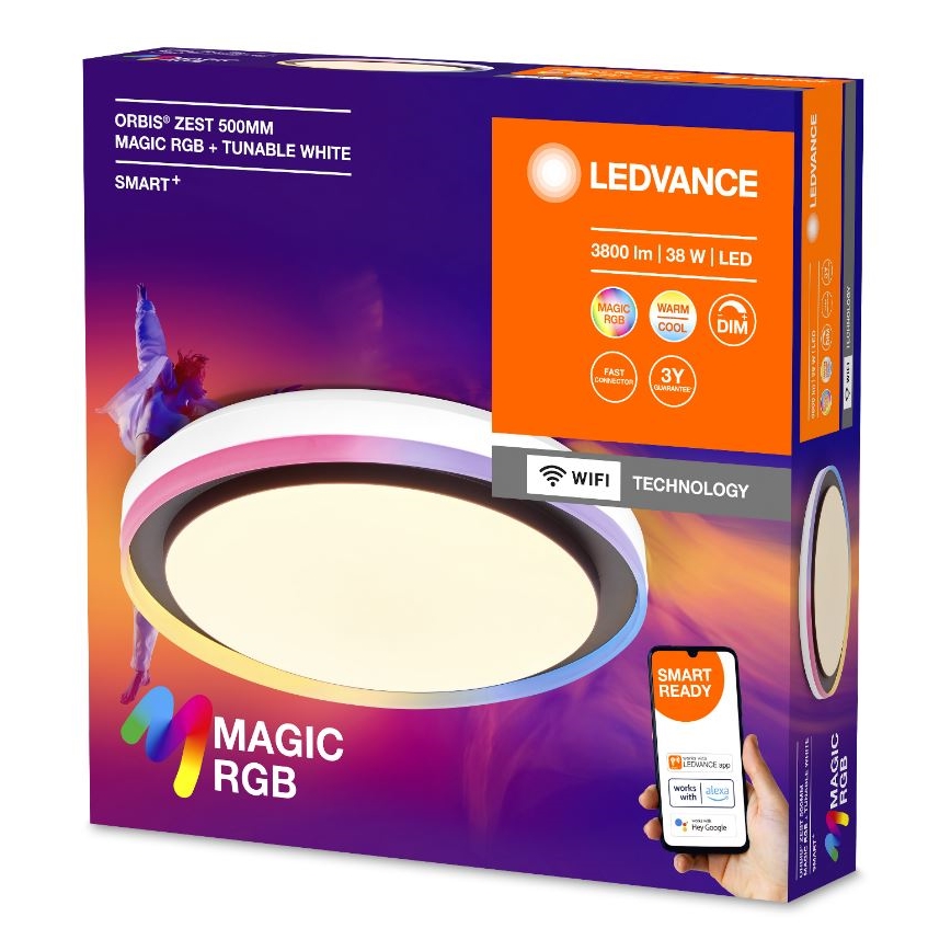 Balenie LED stropného svetla Ledvance Orbis Zest 500mm s funkciou Magic RGB a nastaviteľnou bielou farbou, inteligentné ovládanie cez WiFi. Svetlo má tri farebné kruhy. Balenie ukazuje aj mobilnú aplikáciu pre ovládanie.