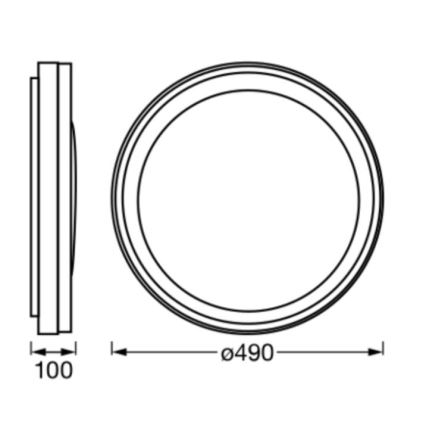 Svietidlo s priemerom 490 mm a hrúbkou 100 mm je zobrazené v čelnom a bočnom pohľade. Technický nákres ukazuje rozmery.