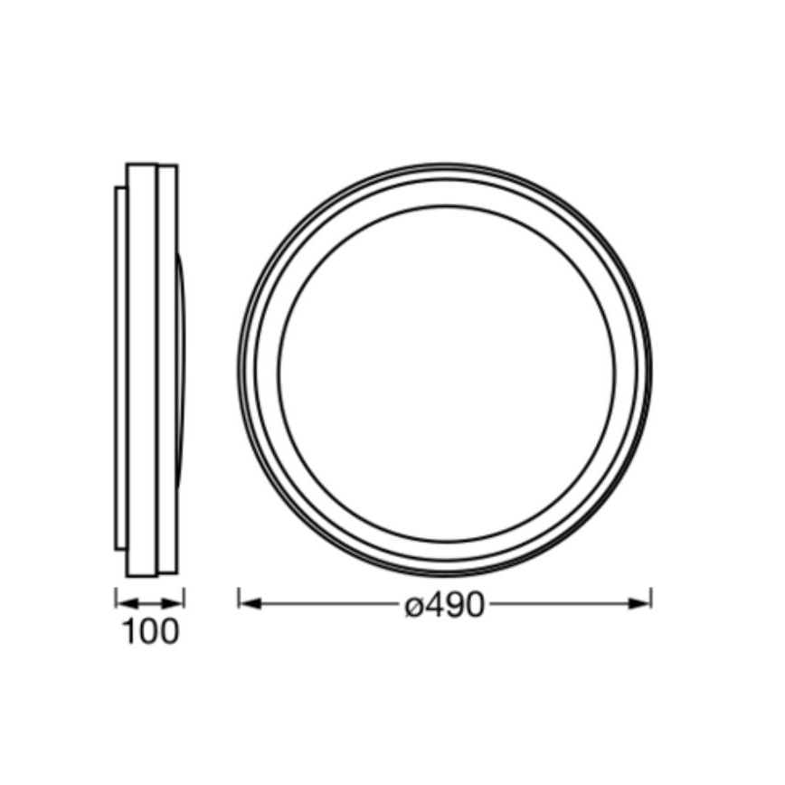 Svietidlo s priemerom 490 mm a hrúbkou 100 mm je zobrazené v čelnom a bočnom pohľade. Technický nákres ukazuje rozmery.