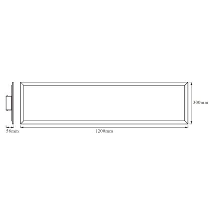 Dlhý obdĺžnikový panel s rozmermi 1200mm x 300mm a pripojeným bočným prvkom s rozmerom 56mm. Panel je znázornený v technickom výkrese.