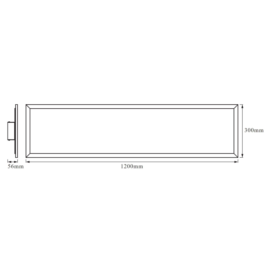 Dlhý obdĺžnikový panel s rozmermi 1200mm x 300mm a pripojeným bočným prvkom s rozmerom 56mm. Panel je znázornený v technickom výkrese.