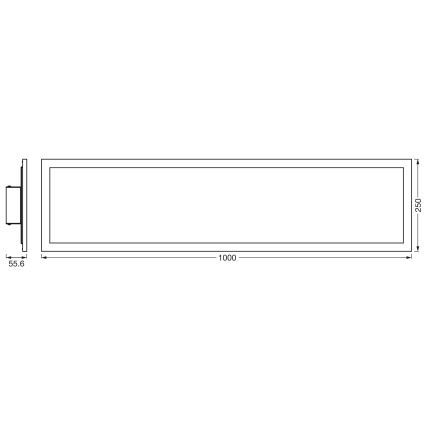 Obdĺžnikové svetlo je zobrazené s rozmermi 1000 x 250 mm a hrúbkou 55,6 mm. Je znázornený bočný a čelný pohľad.