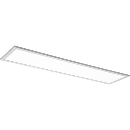 Dlhý obdĺžnikový LED panel s tenkým strieborným rámom je osvetlený. Panel je umiestnený vodorovne, smerom nadol.
