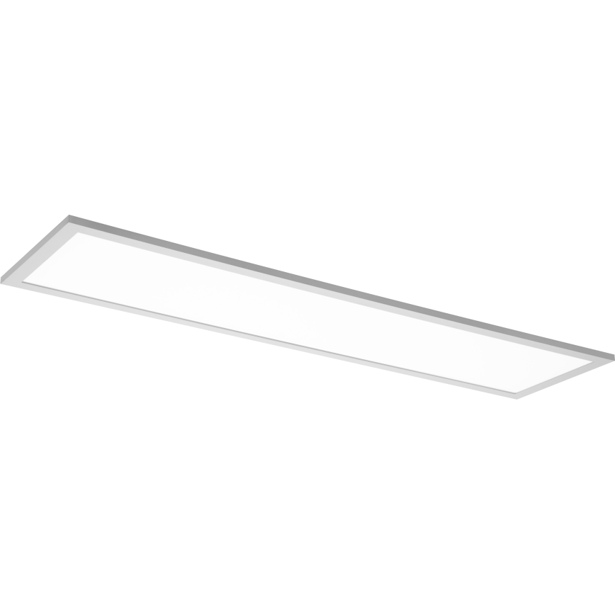 Dlhý obdĺžnikový LED panel s tenkým strieborným rámom je osvetlený. Panel je umiestnený vodorovne, smerom nadol.