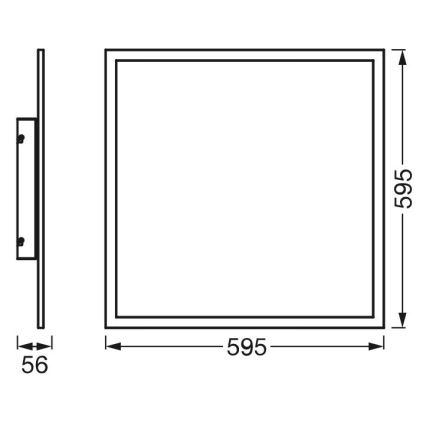 Nástená štvorcová lampa s rozmermi 595 x 595 mm a hĺbkou 56 mm. Je znázornená v technickom výkrese s rozmermi.