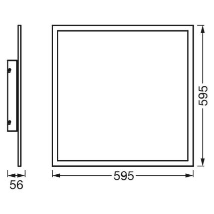 Technický výkres štvorcového zrkadla s rozmermi 595 x 595 mm a hrúbkou 56 mm. Zrkadlo je určené na nástennú montáž.