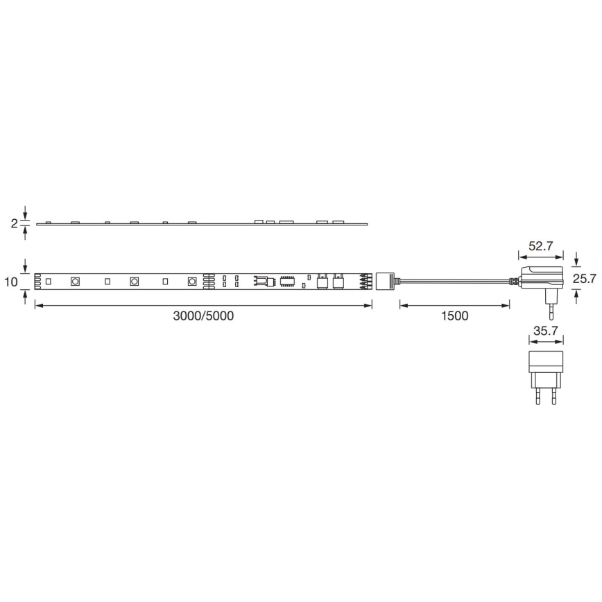 LED pásik s dĺžkou 3000/5000 mm a výškou 10 mm je pripojený k sieťovému adaptéru s rozmermi 52,7 x 35,7 x 25,7 mm. Adaptér je pripojený k pásiku káblom s dĺžkou 1500 mm.
