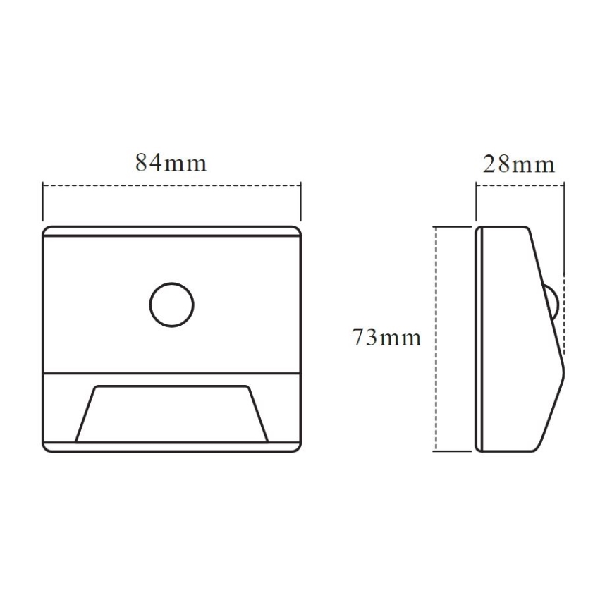 Obdĺžnikové vonkajšie svietidlo s otvorom v strede a dvoma spodnými výstupkami, rozmery 84 mm x 73 mm, bočný pohľad ukazuje uhlový dizajn, výška 28 mm.