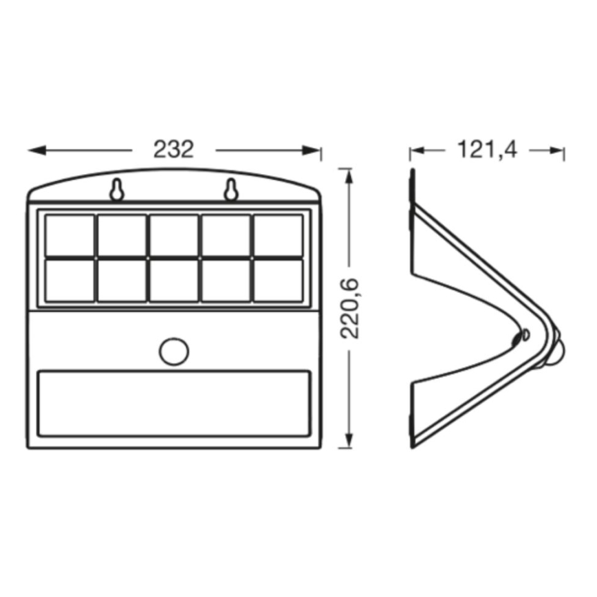 Solárny svietiaci panel s rozmermi 232 x 220,6 mm a 121,4 mm hĺbkou je zobrazený v čelnom a bočnom pohľade s technickými rozmermi. Panel má hornú časť s otvormi na uchytenie a dolnú časť s detektorom pohybu.