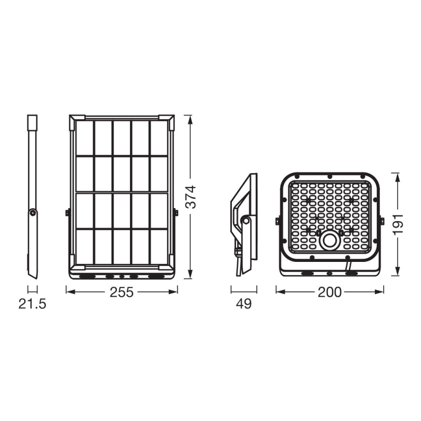 Technický výkres štvorcového LED reflektora zobrazuje rozmery: výška 374 mm, šírka 255 mm, hĺbka 191 mm a hrúbka 49 mm. Reflektor je zobrazený z troch uhlov s detailom LED diód.