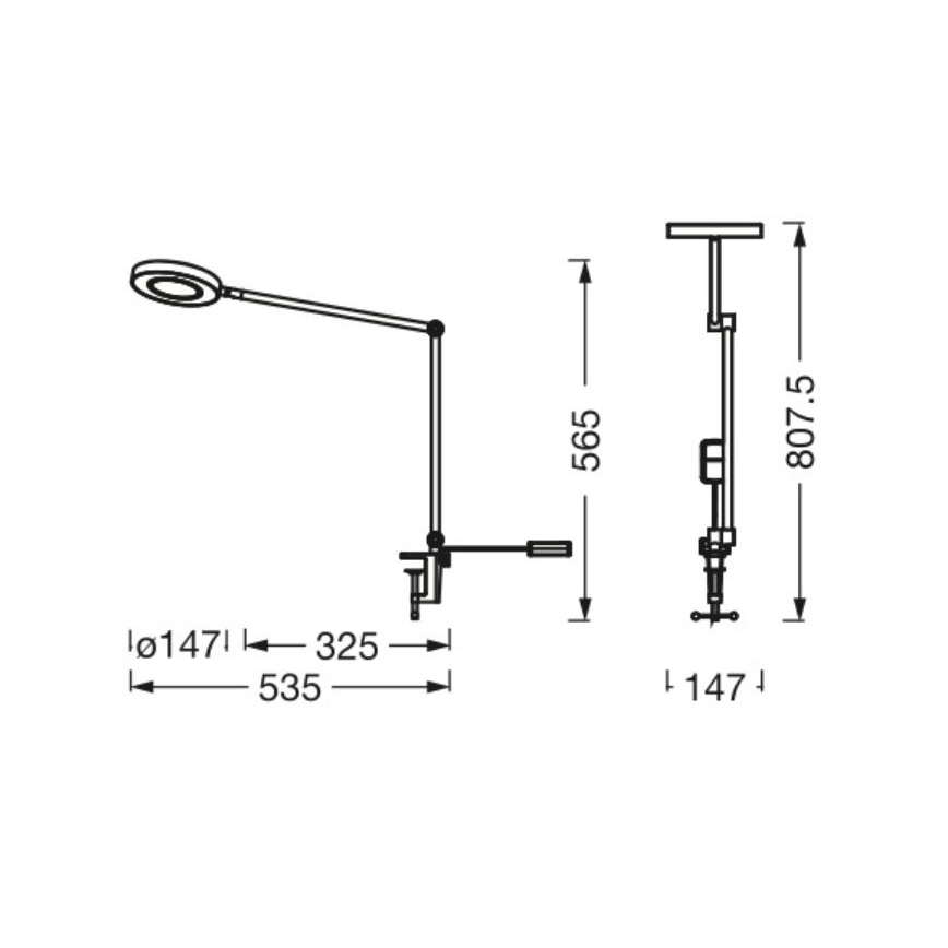 Technický výkres stolovej lampy s kruhovou hlavou. Lampa je pripevnená k stolu pomocou svorky. Rozmery: výška 565 mm, šírka 325 mm, hĺbka 147 mm, celková výška s vertikálnou časťou 807,5 mm.