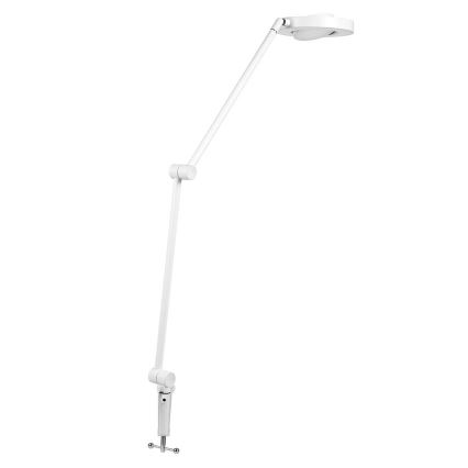 Biela stolová lampa s ramenom, ktoré sa dá nastaviť, svieti. Pripevnená je k stolu pomocou svorky. Na bielom pozadí.