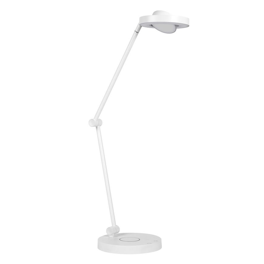 Biela stolová lampa s nastaviteľným ramenom a okrúhlou LED hlavou svieti. Stojí na kruhovom podstavci na bielom pozadí.