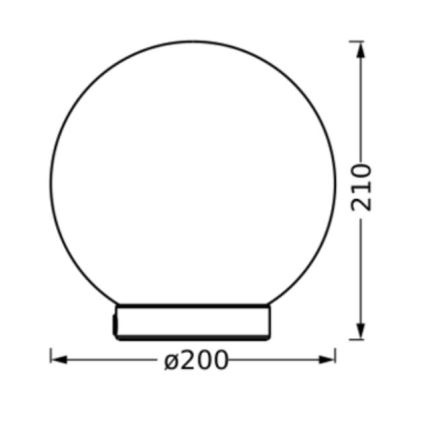 Guľová lampa s priemerom 200 mm a výškou 210 mm stojí na malej podstave. Je znázornená čiernobielym technickým nákresom s rozmermi.