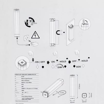 Ledvance - LED Stmievateľné orientačné svietidlo LINEAR LED/6,9W/5V 2200 mAh IP54
