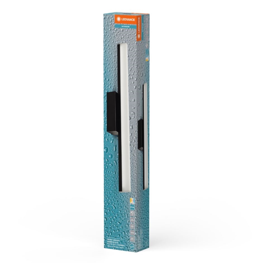 LEDvance nástenné svietidlo je zabalené v obdĺžnikovej krabici. Svietidlo je dlhé, biele, s čiernymi držiakmi. Krabica má modrozelený dizajn s kvapkami vody a technické parametre.