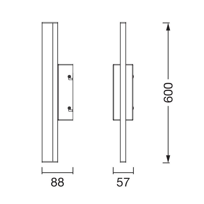 Dve technické kresby svietidla: bočný a čelný pohľad. Svietidlo je pripevnené na stenu, má rozmery 88 x 57 x 600 mm.